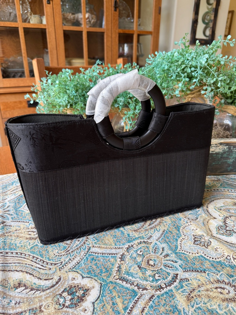 TICO Collection Black Fabric Bamboo Handle Structured Handbag Asian